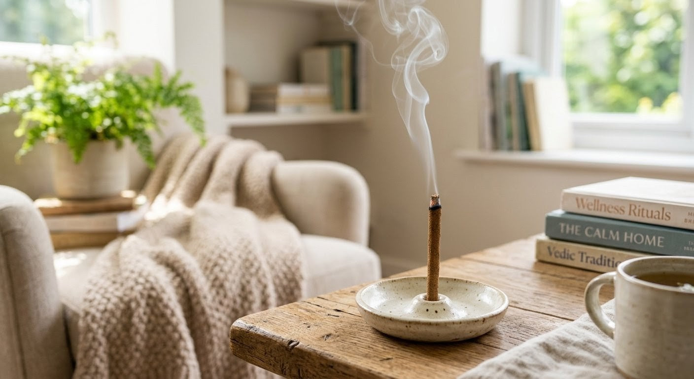 A calm living room corner with a burning Simply Dhoop stick releasing gentle smoke into the air.