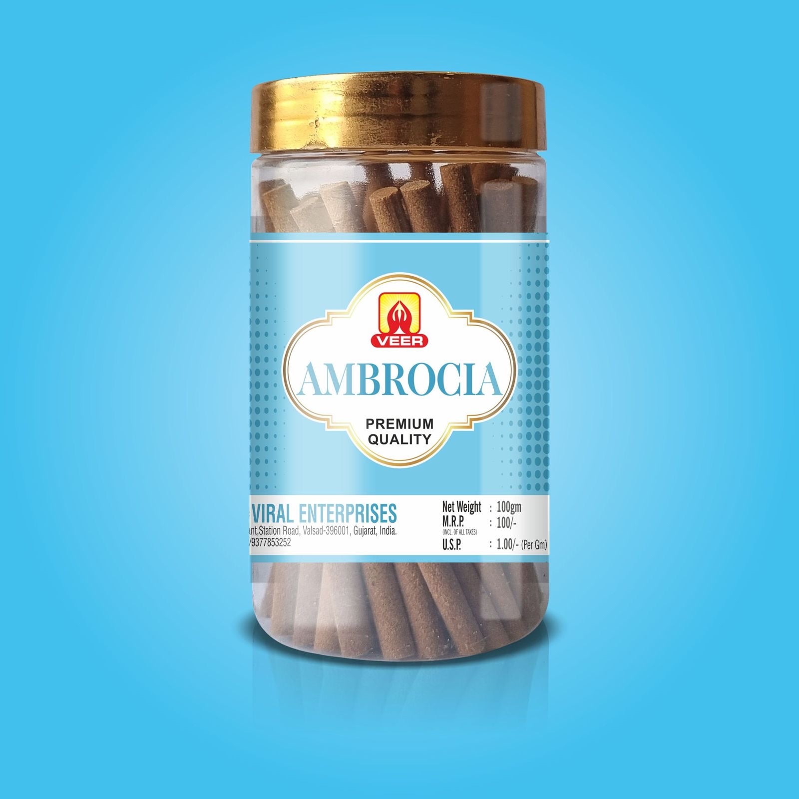 Simply Dhoop Artisanal Ambrocia Dhoop Sticks in a premium 100g glass jar. Charcoal-free, hand-rolled incense with a rich, divine fragrance.