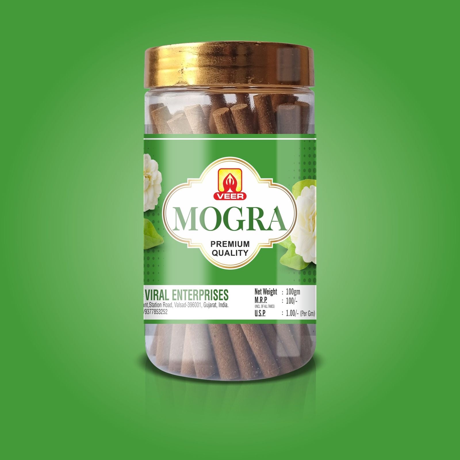 Simply Dhoop Artisanal Mogra Jasmine Dhoop Sticks in a premium 100g glass jar. Charcoal-free, hand-rolled sweet floral incense.