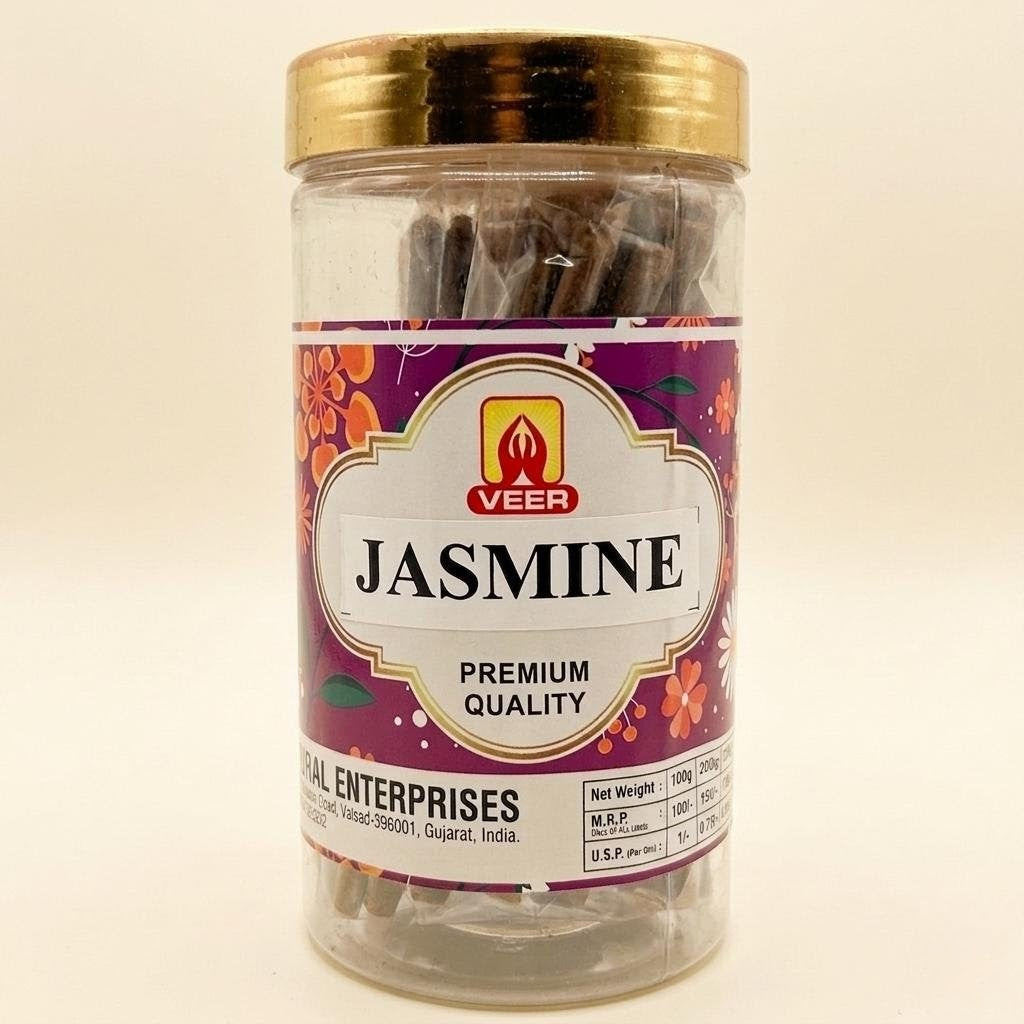Simply Dhoop Veer Jasmine Dhoop Sticks in premium 100g glass jar - charcoal free incense.