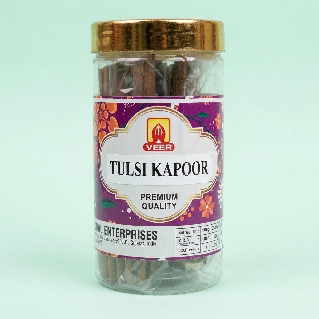 Simply Dhoop Veer Tulsi Kapoor Dhoop Sticks in premium 100g glass jar - charcoal free incense.